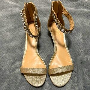 Gold Ankle-Strap Sandals with Rhinestone Embellishments